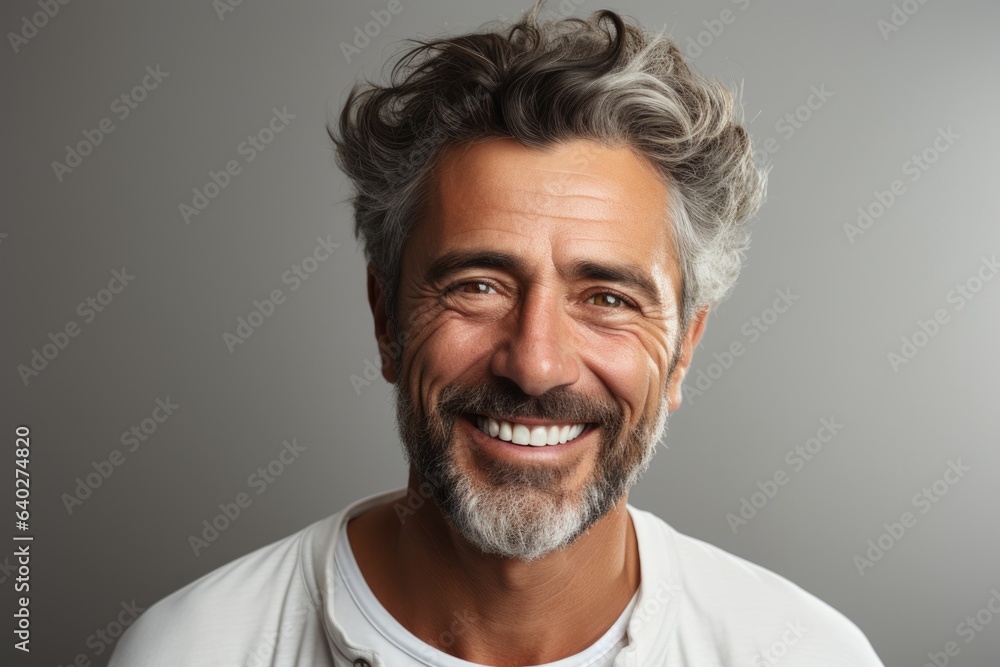 Handsome middle age man with beard wearing casual clothes over grey background. Happy face smiling, looking at the camera. Positive person.