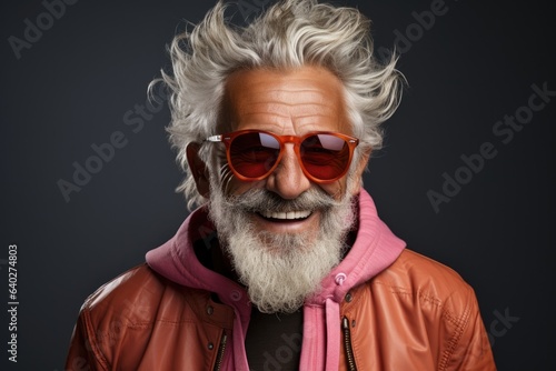 Cool and stylish senior old man with fashionable clothes and glasses. Portrait of happy grandfather.