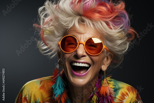 Portrait of happy senior woman in glasses. Laughing old woman with hairstyle in stylish outfit.