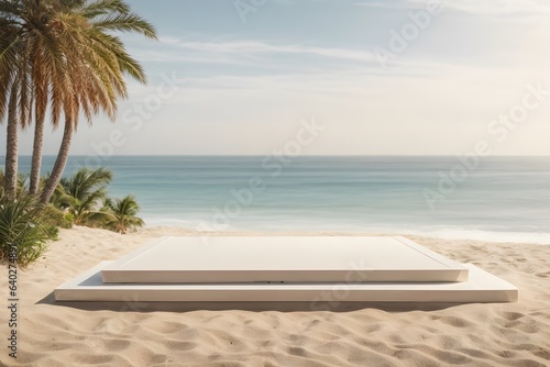 Summer tropical background Podium on sand beach on sea background Mock up for the exhibitions Presentation of products