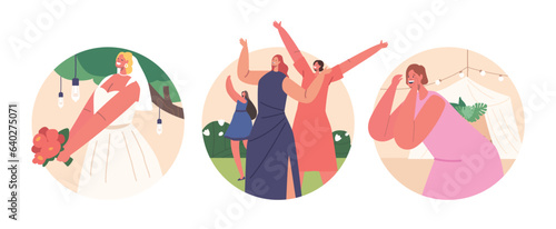 Isolated Round Icons Or Avatars Of Joyful Bride Character Tosses Her Bouquet To Single Friends, Symbolizing Hope