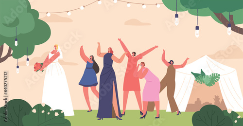Joyful Bride Character Playfully Tosses Her Bouquet To Single Friends, Symbolizing Hopes For Their Future Marriages