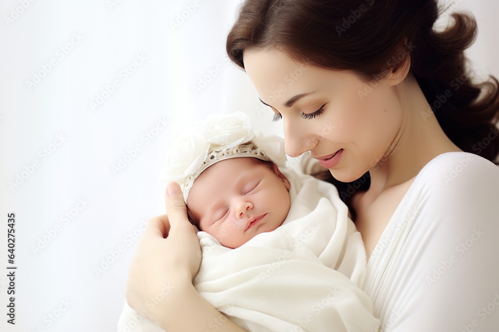 Young mother lovingly cradles her newborn baby in her arms Young mother lovingly cradles her newborn baby in her arms