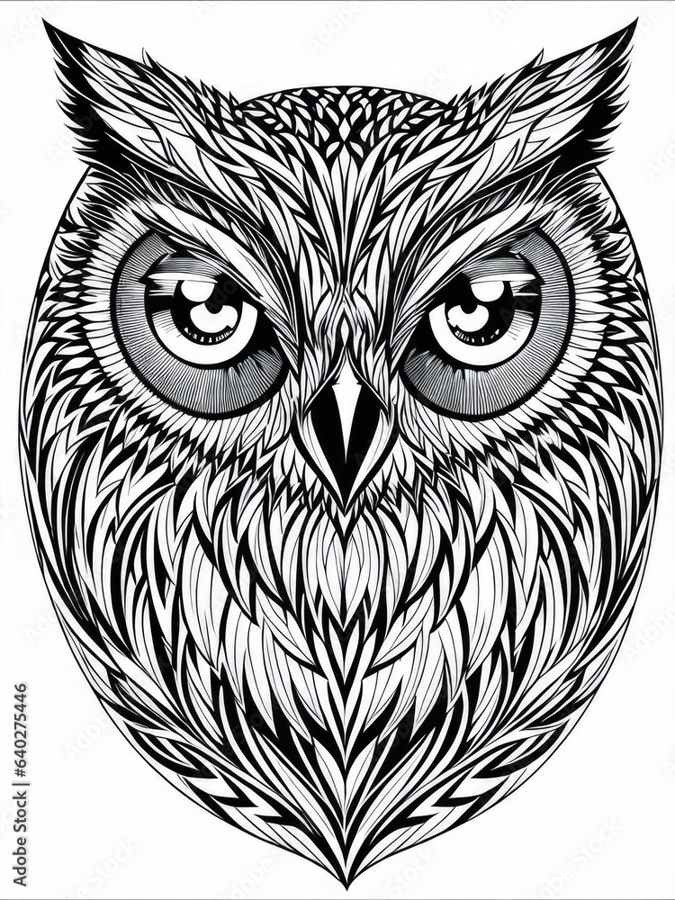 Black and white vector drawing of an owl. Tattoo sketch. Generative AI Black and white vector drawing of an owl. Tattoo sketch. Generative AI