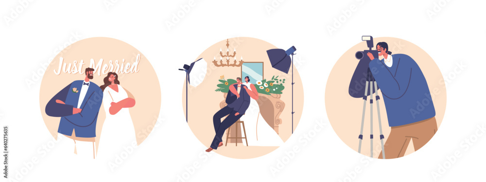 Fototapeta premium Isolated Round Icons Or Avatars Of Newlywed Capture The Magic Of Special Day With A Studio Wedding Photo Session