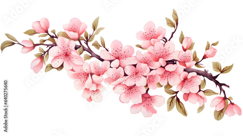 Pink cherry blossoms and leaves bouquet. Watercolor painted floral arrangement. Cut out PNG illustration on transparent background.