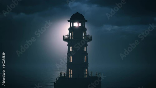 A rotating light beams from the top of a solitary lighthouse on a foggy night.