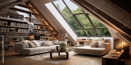 A modern attic inside is a stylish and functional living space that has been designed to make the most of the unique characteristics of an attic. Generative AI