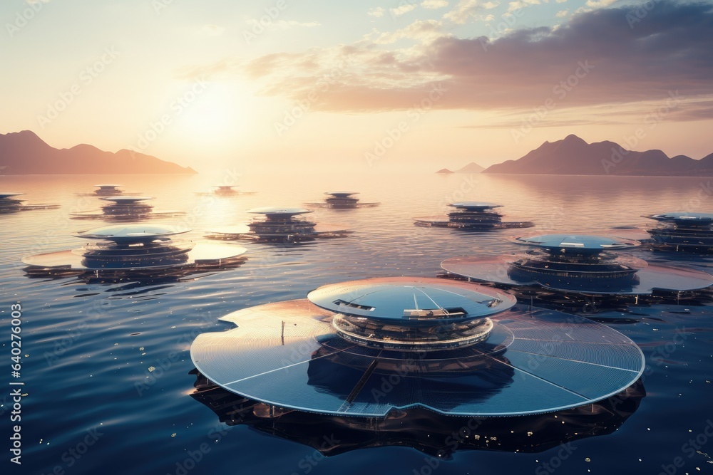 Futuristic power plant of the future in the ocean, water energy Futuristic power plant of the future in the ocean, water energy