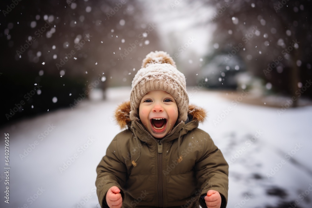 Cute child with happy face wearing a warm hat and warm jacket surrounded with snowflakes. Winter holidays concept. Cute child with happy face wearing a warm hat and warm jacket surrounded with snowflakes. Winter holidays concept.