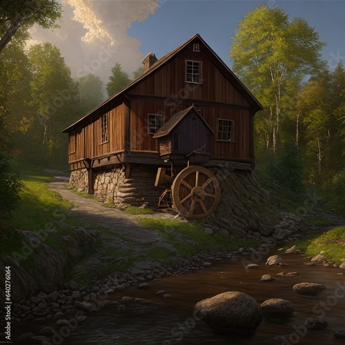 Illustration, an old wooden mill in the forest. Generative AI