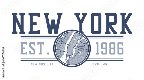 New York city t-shirt design with NYC map. Typography graphics for tee shirt and apparel print with New York map and slogan. Vector illustration. photo