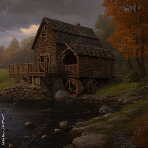 Illustration, an old wooden mill in the forest. Generative AI