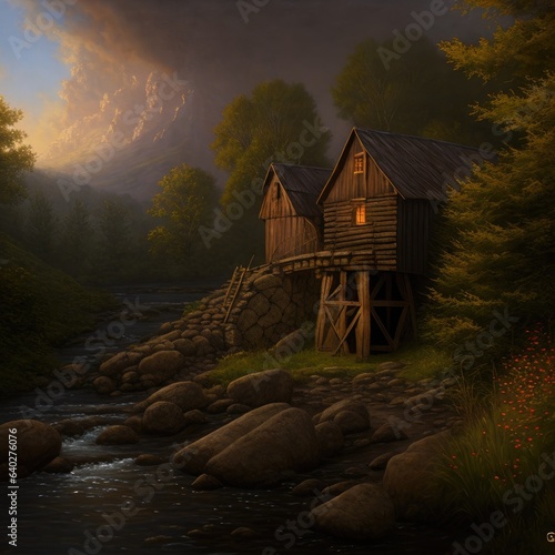 Illustration, an old wooden mill in the forest. Generative AI