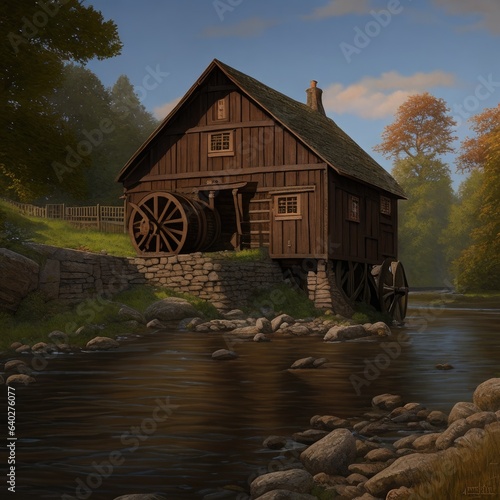Illustration, an old wooden mill in the forest. Generative AI