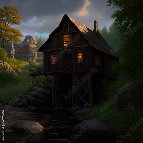 Illustration, an old wooden mill in the forest. Generative AI