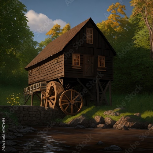 Illustration, an old wooden mill in the forest. Generative AI
