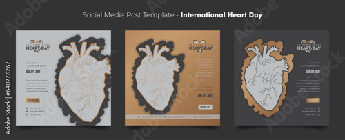 Social media post template with human heart in gold color for world heart day campaign design