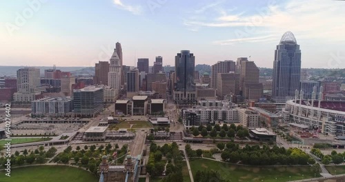 Downtown Cincinnati, OH skyline, aerial drone footage