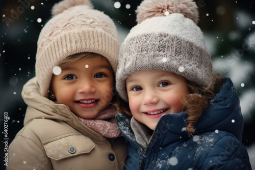 Two cute kids with happy faces wearing a warm hats and warm jackets surrounded with snowflakes. Winter holidays concept.