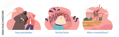 Isolated Elements with Human Fears Scenes. Male and Female Characters Afraid of Death, Height, and Darkness
