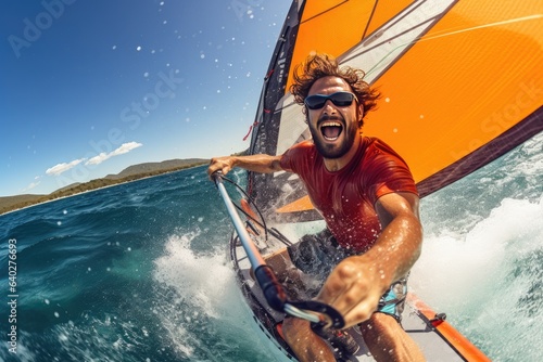 Exhilarating experience of windsurfing from a first-person perspective. photo