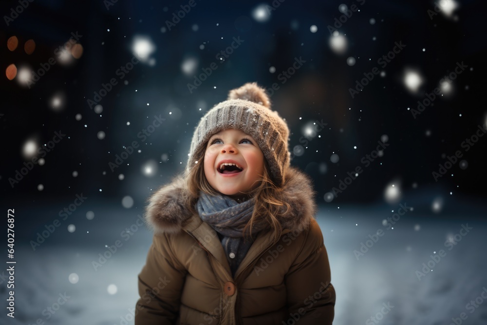 Cute child with happy face wearing a warm hat and warm jacket surrounded with snowflakes. Winter holidays concept. Cute child with happy face wearing a warm hat and warm jacket surrounded with snowflakes. Winter holidays concept.