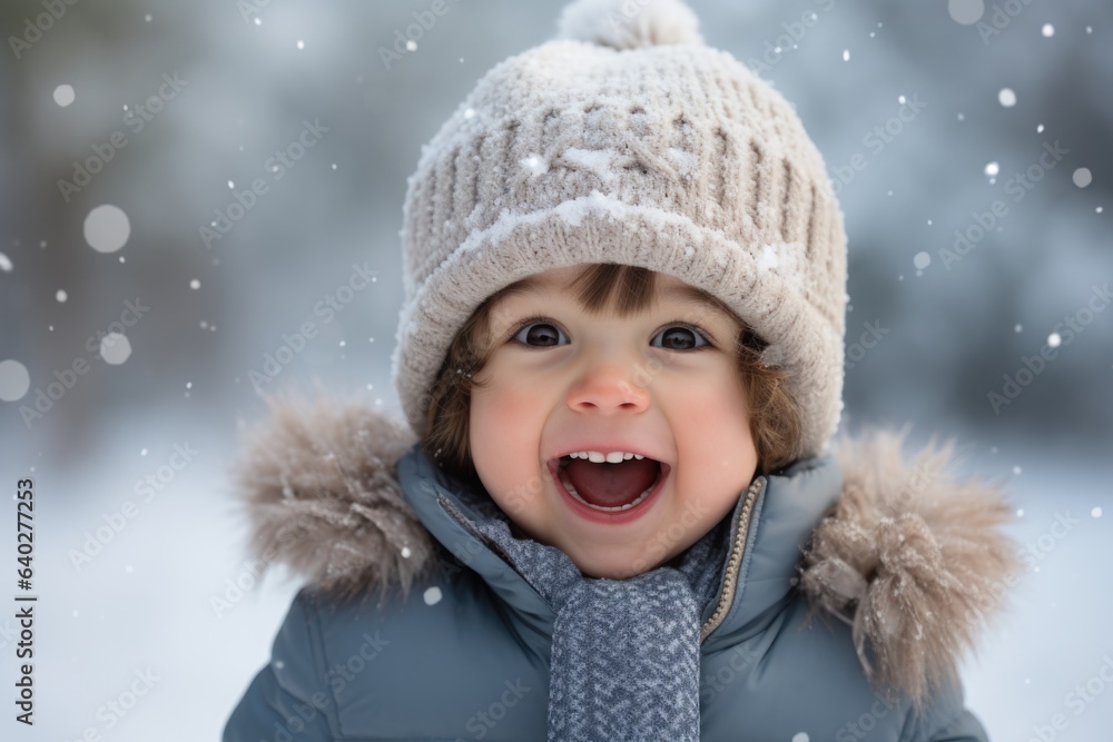 Cute child with happy face wearing a warm hat and warm jacket surrounded with snowflakes. Winter holidays concept. Cute child with happy face wearing a warm hat and warm jacket surrounded with snowflakes. Winter holidays concept.