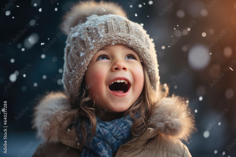 Cute child with happy face wearing a warm hat and warm jacket surrounded with snowflakes. Winter holidays concept. Cute child with happy face wearing a warm hat and warm jacket surrounded with snowflakes. Winter holidays concept.