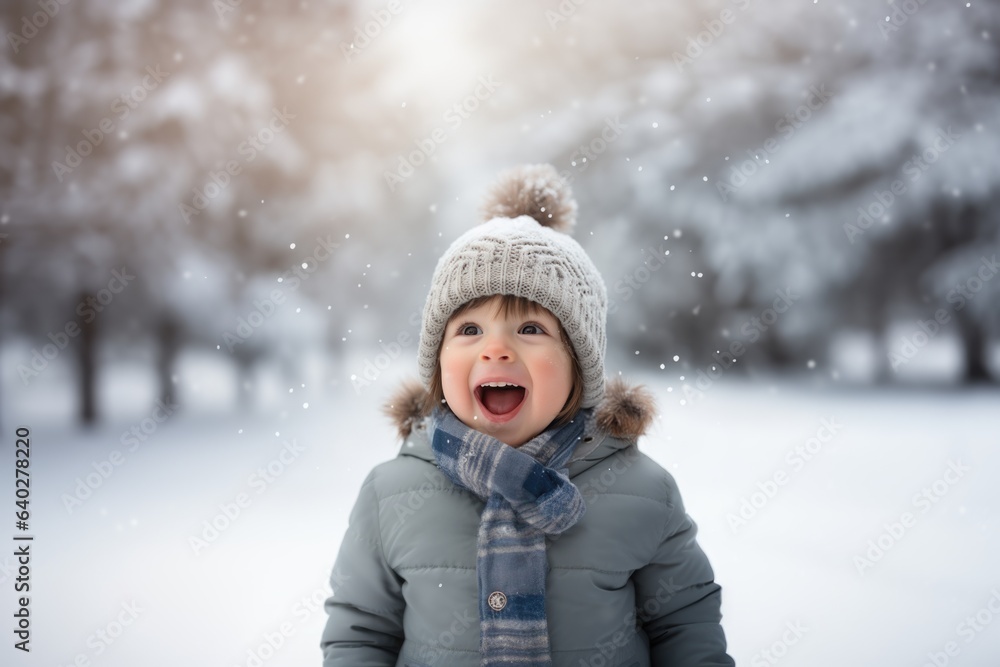 Cute child with happy face wearing a warm hat and warm jacket surrounded with snowflakes. Winter holidays concept.