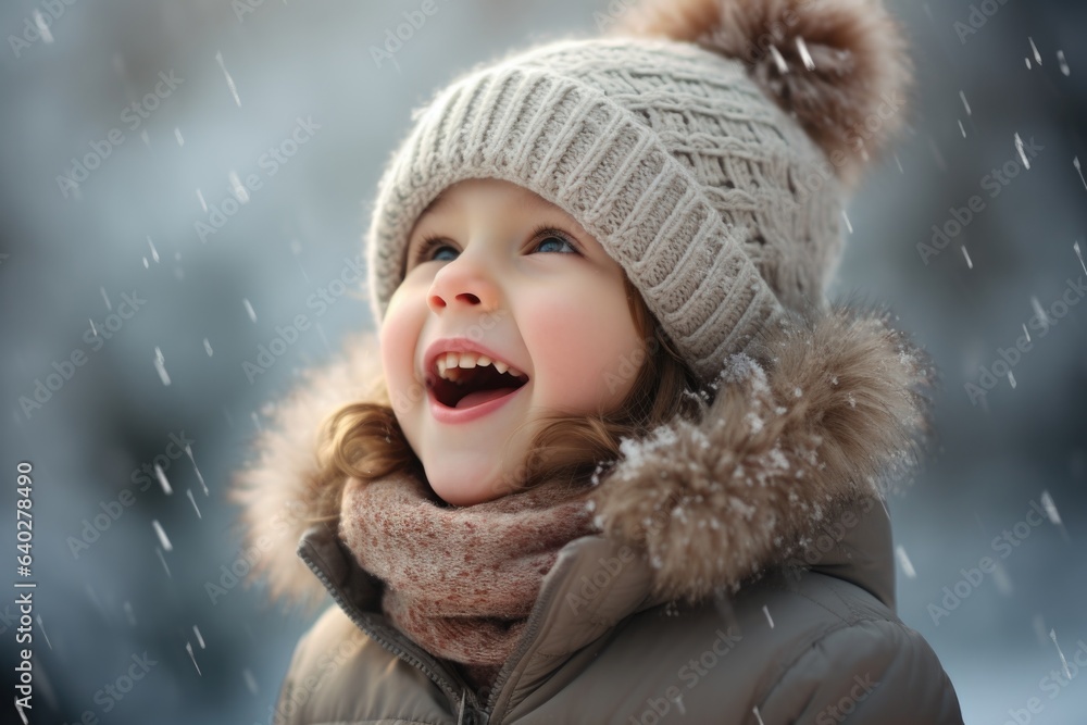 Cute child with happy face wearing a warm hat and warm jacket surrounded with snowflakes. Winter holidays concept. Cute child with happy face wearing a warm hat and warm jacket surrounded with snowflakes. Winter holidays concept.
