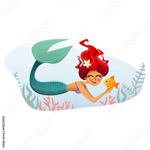 red-haired little mermaid with a flower in her hair swims with a fish in the sea among the algae and corals