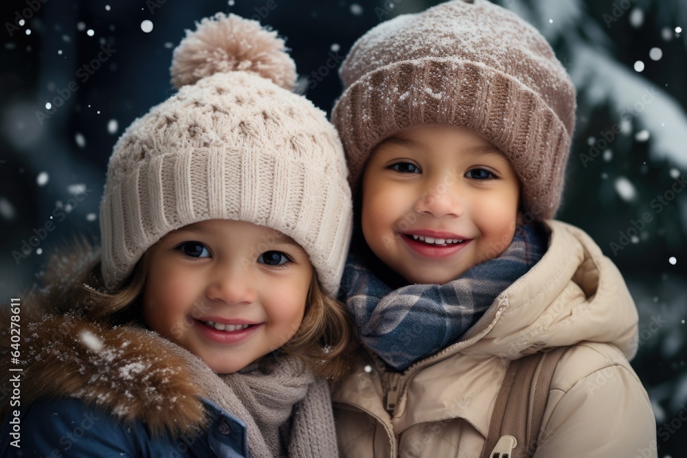 Two cute kids with happy faces wearing a warm hats and warm jackets surrounded with snowflakes. Winter holidays concept. Two cute kids with happy faces wearing a warm hats and warm jackets surrounded with snowflakes. Winter holidays concept.