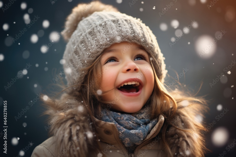 Cute child with happy face wearing a warm hat and warm jacket surrounded with snowflakes. Winter holidays concept. Cute child with happy face wearing a warm hat and warm jacket surrounded with snowflakes. Winter holidays concept.
