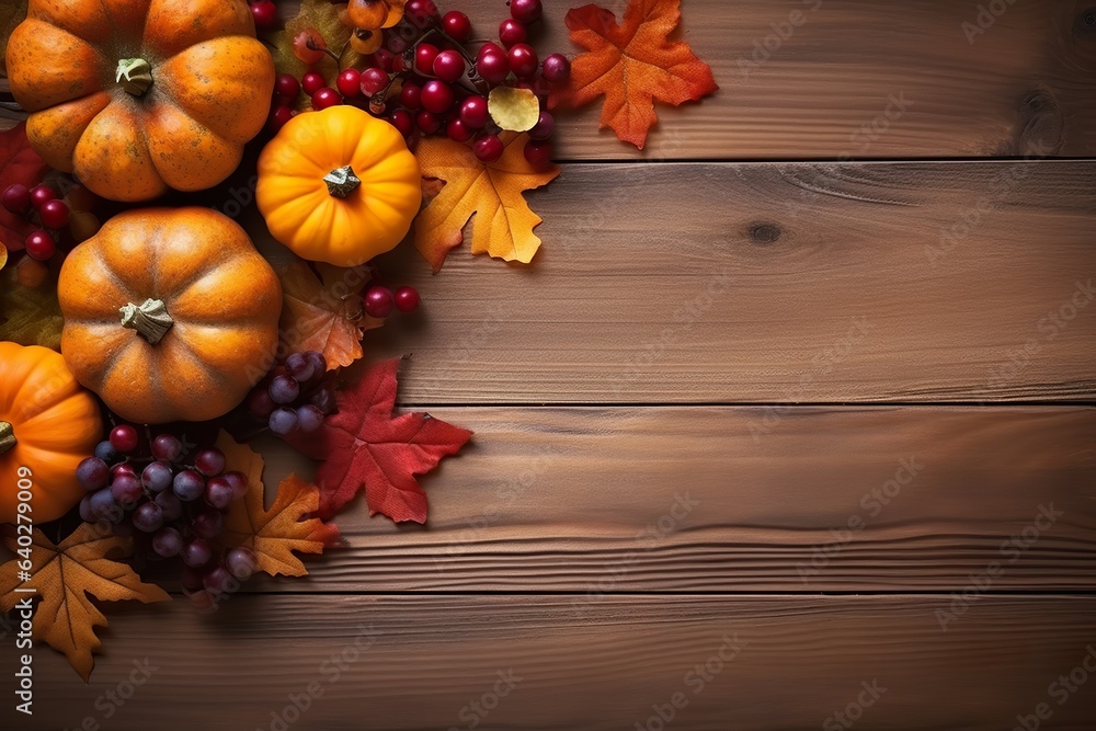 Seasonal Wallpaper, with Fall Leaves, Pumpkins, and Berries on a Natural wood Surface. Thanksgiving Concept with copy space Seasonal Wallpaper, with Fall Leaves, Pumpkins, and Berries on a Natural wood Surface. Thanksgiving Concept with copy space