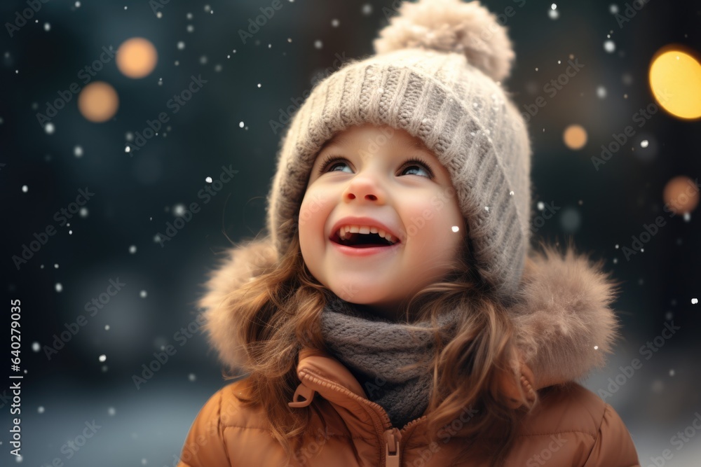 Cute child with happy face wearing a warm hat and warm jacket surrounded with snowflakes. Winter holidays concept. Cute child with happy face wearing a warm hat and warm jacket surrounded with snowflakes. Winter holidays concept.