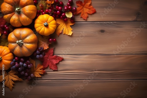 Seasonal Wallpaper, with Fall Leaves, Pumpkins, and Berries on a Natural wood Surface. Thanksgiving Concept with copy space