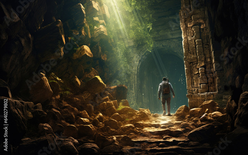 Explorer archaeologist walking through the ruins of an ancient city illustrating adventure and the search of a lost treasure.