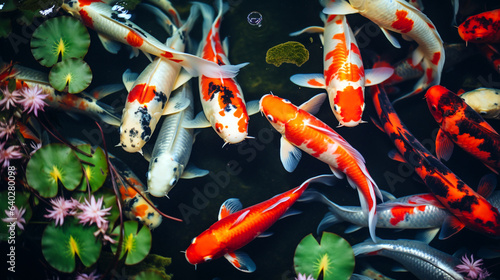 Koi Fish Wallpaper, Japanese Koi Fish Pond Top View for a Wide Wallpaper, colorful fish swimming in clear water, 16:9 aspect ratio
