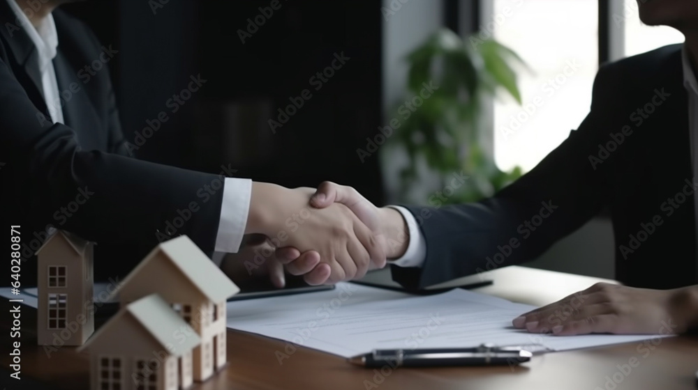 In front of a residential house, a businessman and a customer share a handshake, marking the successful signing of a house contract in the realm of real estate. In front of a residential house, a businessman and a customer share a handshake, marking the successful signing of a house contract in the realm of real estate.