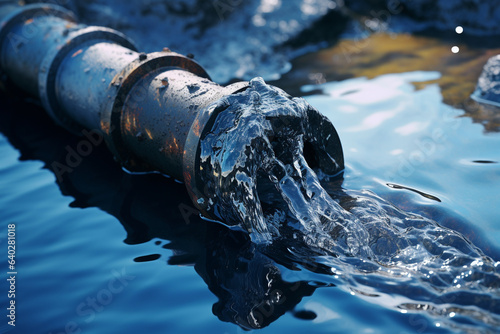 A close-up view of an oil pipe with a discharging opening  releasing oil into the water  symbolizing the environmental pollution caused by such incidents.
