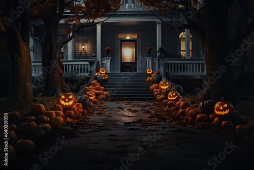 Halloween jack o lantern glowing on porch of house, Generative AI