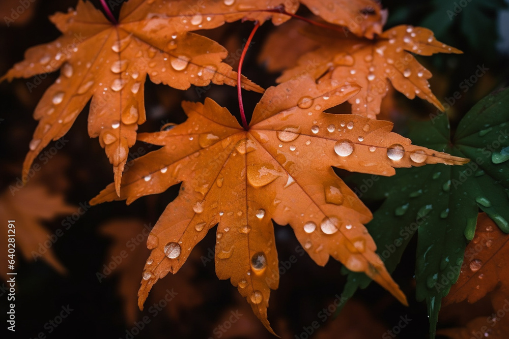striking close-up of vibrant orange maple leaves adorned with glistening raindrops, capturing the beauty of nature's details. striking close-up of vibrant orange maple leaves adorned with glistening raindrops, capturing the beauty of nature's details.
