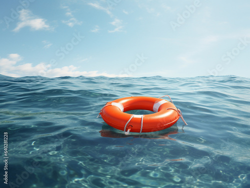 A rescue buoy, also known as a life buoy, floating in the sea, ready to save individuals from drowning.