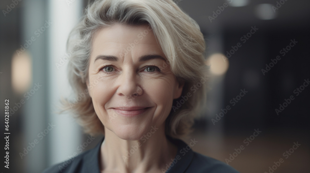 A smiling senior businesswoman in a modern office, exuding confidence and happiness. A smiling senior businesswoman in a modern office, exuding confidence and happiness.