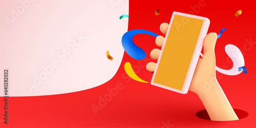 3d hand holding phone. Phone mockup. Color explosion. Touching screen with finger.