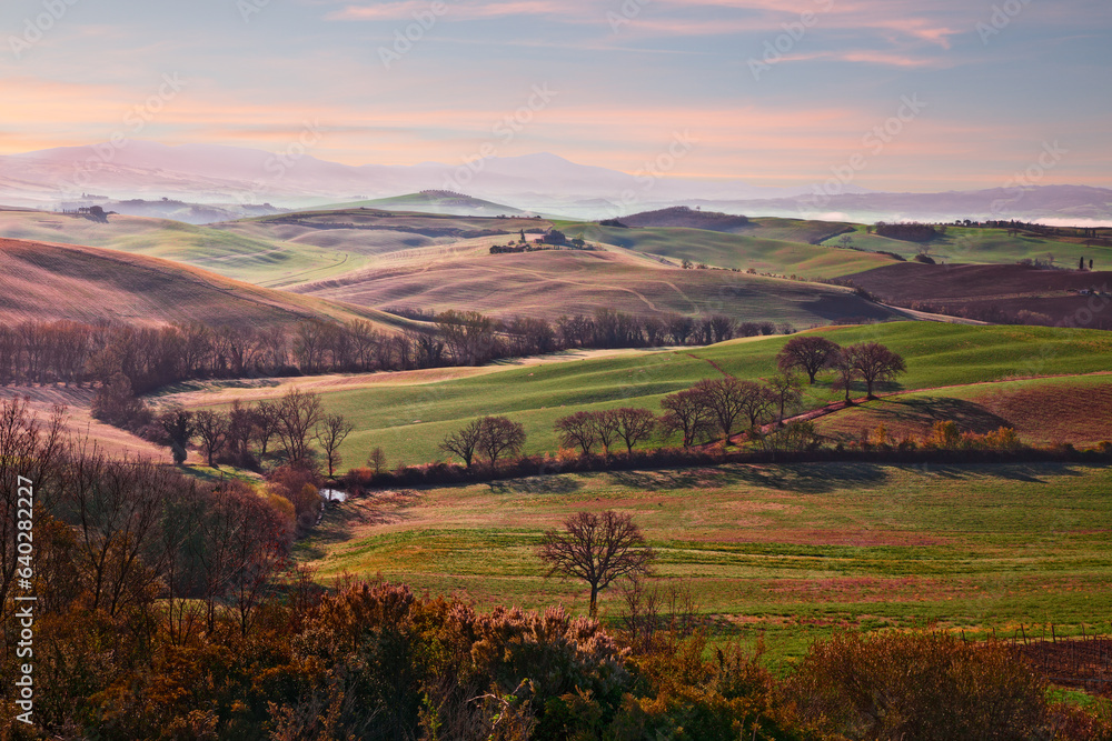 Val d'Orcia, Siena, Tuscany, Italy: landscape at sunrise of the countryside