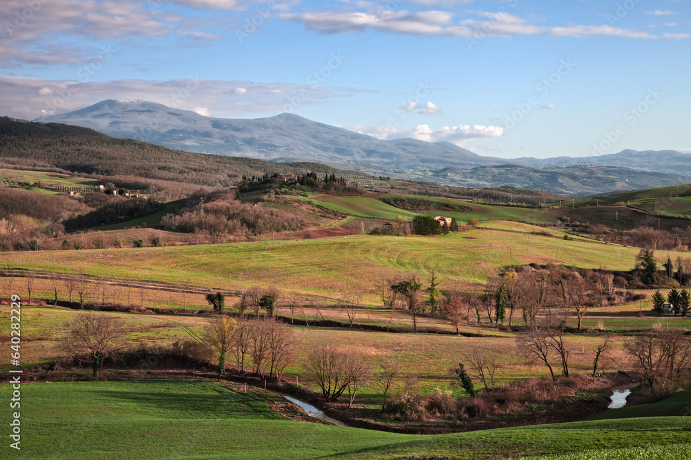 Val d'Orcia, Siena, Tuscany, Italy: spring landscape at sunset of the countryside