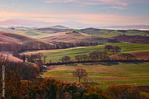 Val d Orcia  Siena  Tuscany  Italy  landscape at sunrise of the countryside