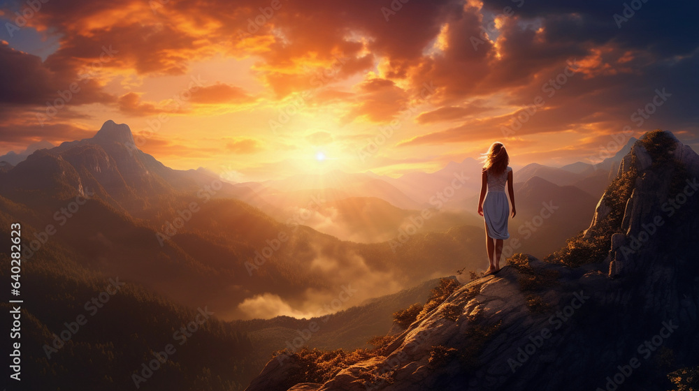 Sunset Serenity: Woman Silhouette Gracefully Amidst Mountain Peaks